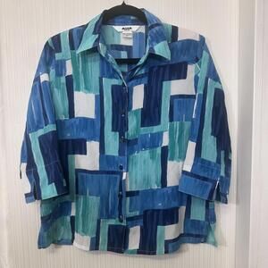 Alia Women’s Blue White 3/4 Sleeve Button Down w/ Shoulder Pads Size Petite S